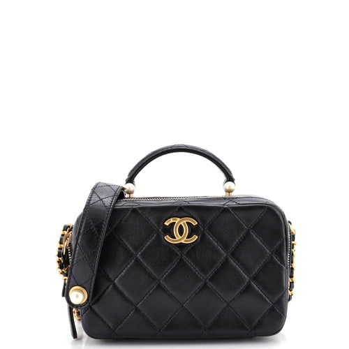 CHANEL CC Pearl Zip Around Top Handle Vanity Case with Chain Quilted Lambskin Small