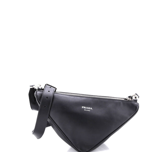 PRADA Double Triangle Logo Zip Shoulder Bag Saffiano Leather and Leather