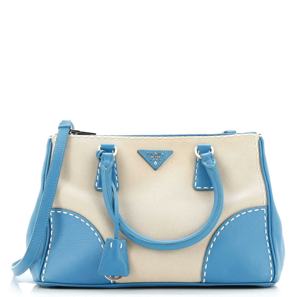 Prada PRADA Double Zip Convertible Tote Stitched City Calf and Canvas Small