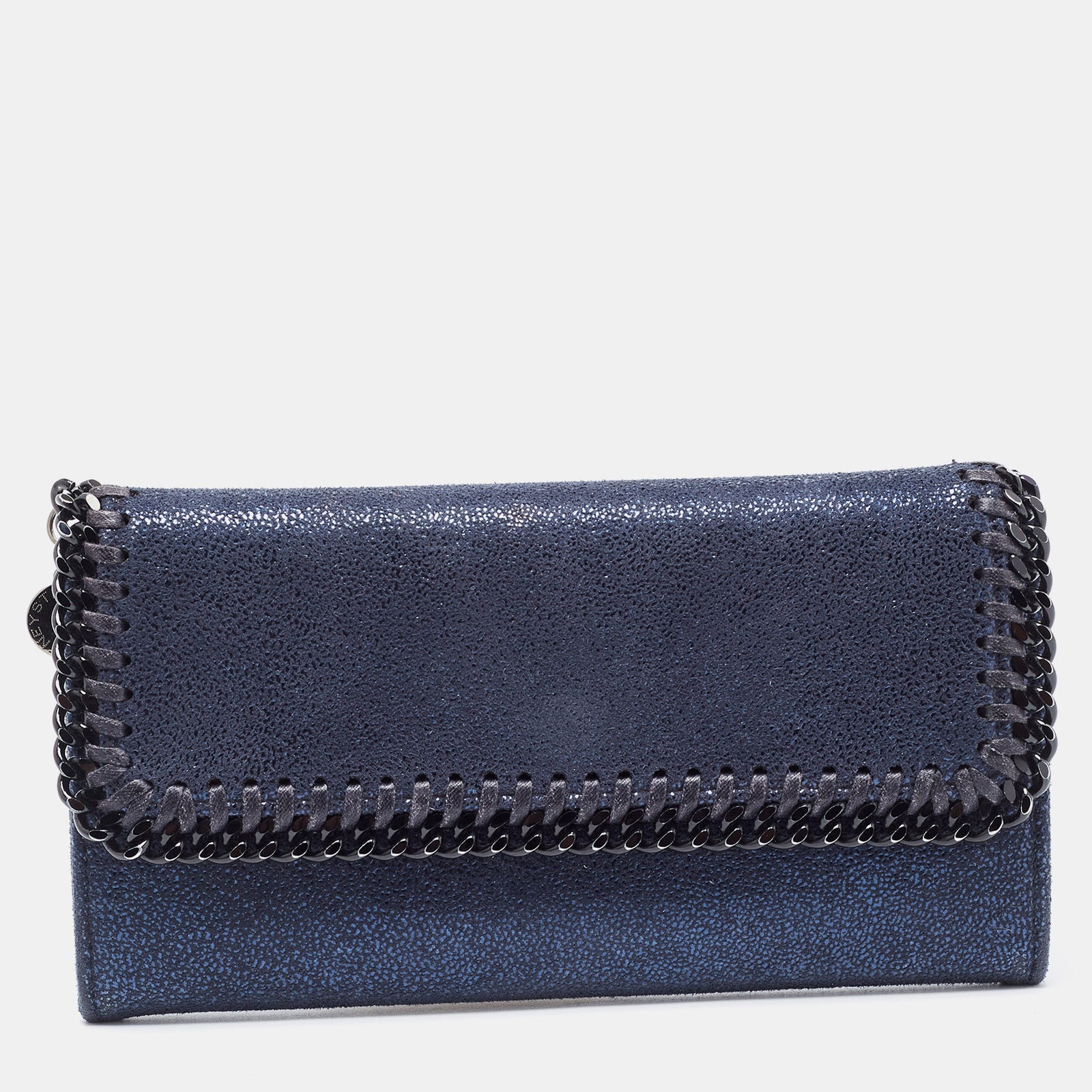 Stella McCartney Navy Blue Shimmer Faux Suede Falabella Flap Wallet