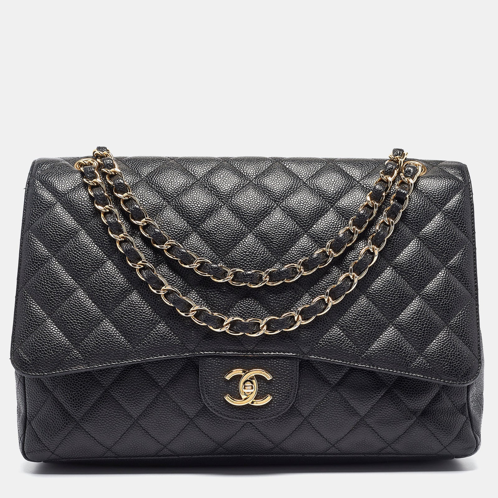 Chanel Sac à rabat classique maxi en cuir caviar matelassé noir