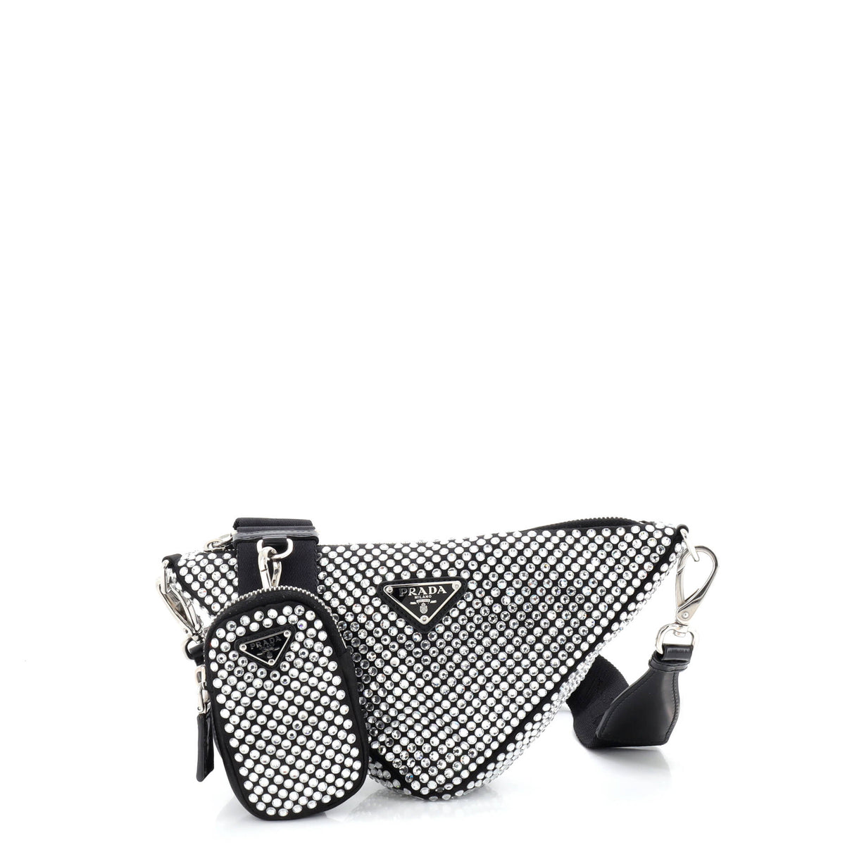 Prada PRADA Triangle Logo Zip Crossbody Bag Crystal Embellished Satin Small