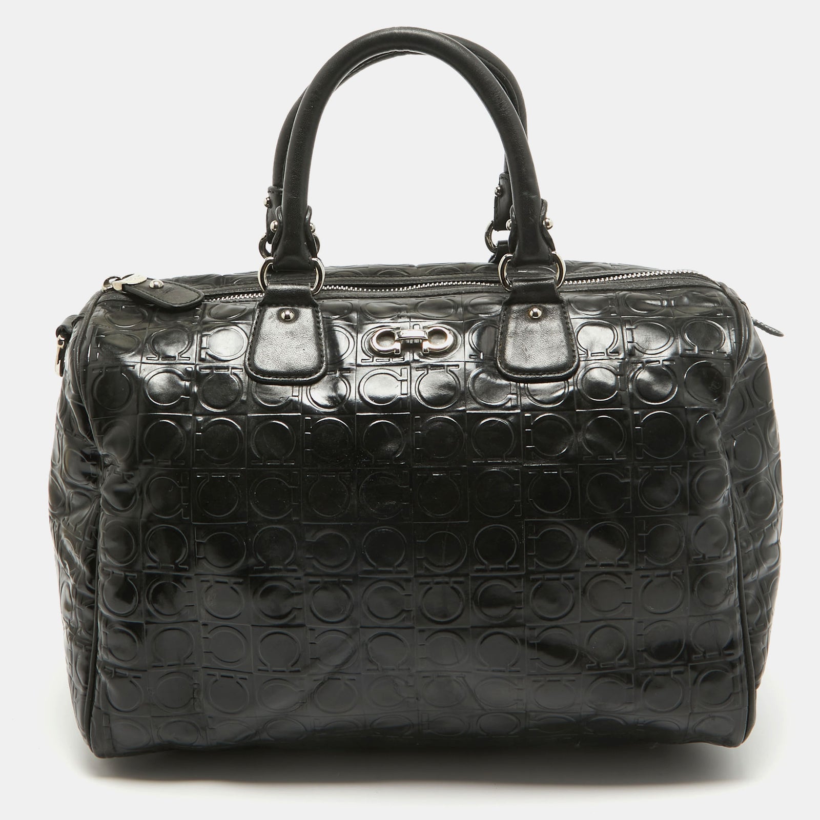 Salvatore Ferragamo Black Gancini Embossed Glossy Leather Boston Bag