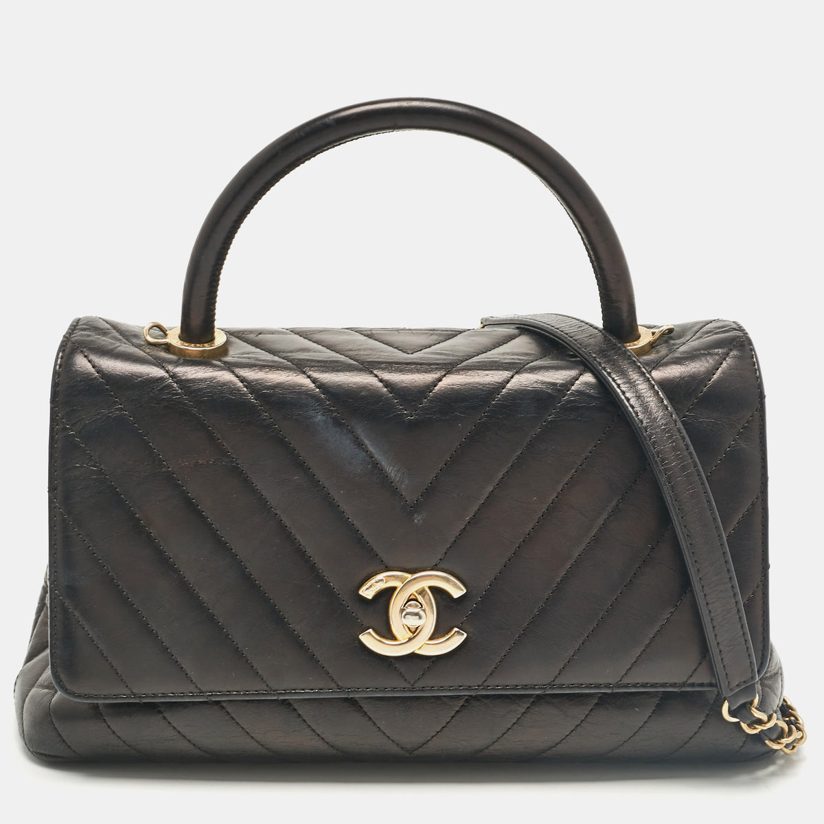 Chanel Black Chevron Leather Leather Medium Coco Top Handle Bag