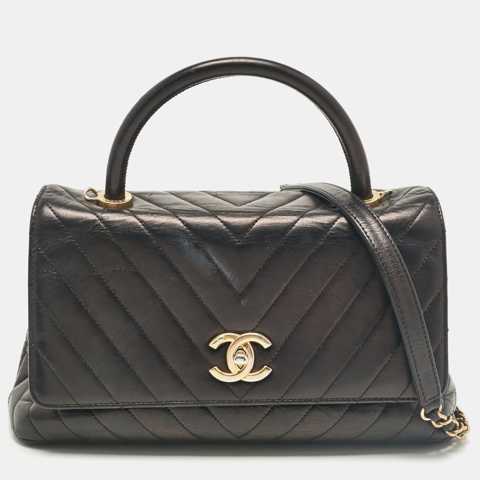 Chanel Mittelgroße Coco-Tasche aus Leder mit Chevron-Muster in Schwarz