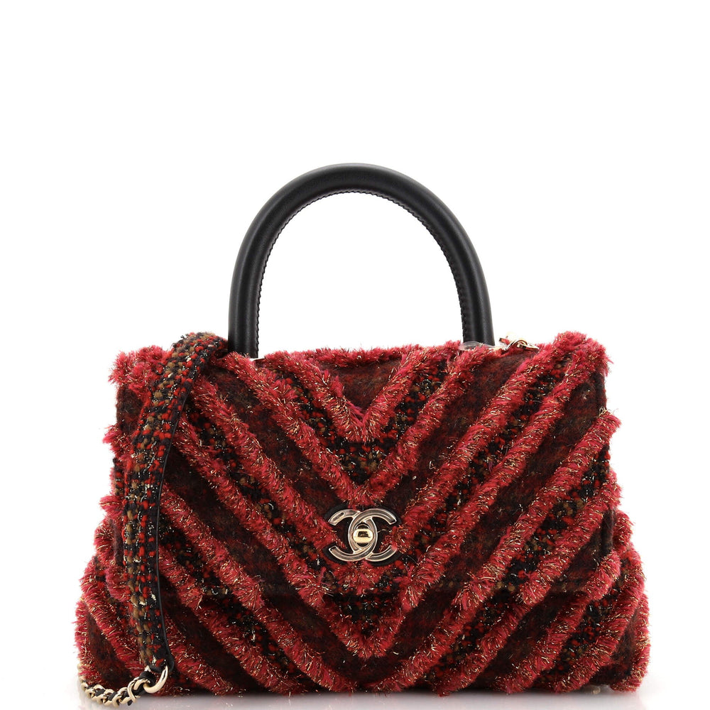 CHANEL Coco Top Handle Bag Chevron Tweed and Fringed Tinsel Mini