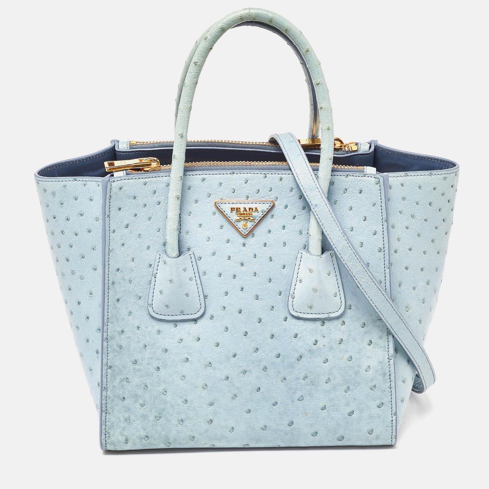 Prada Light Blue Ostrich Leather Struzzo Twin Pocket Tote