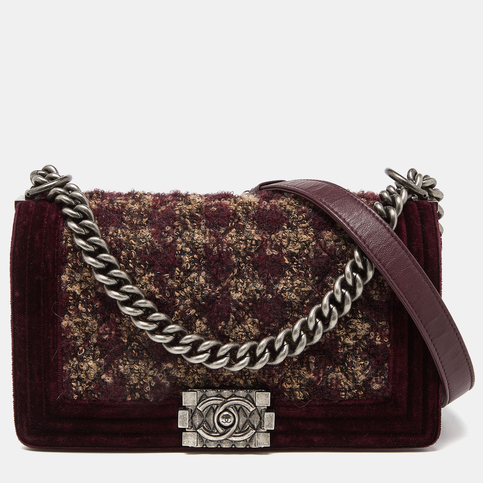 Chanel Burgundy Quilted Tweed,Leather and Velvet Medium Boy Flap Bag