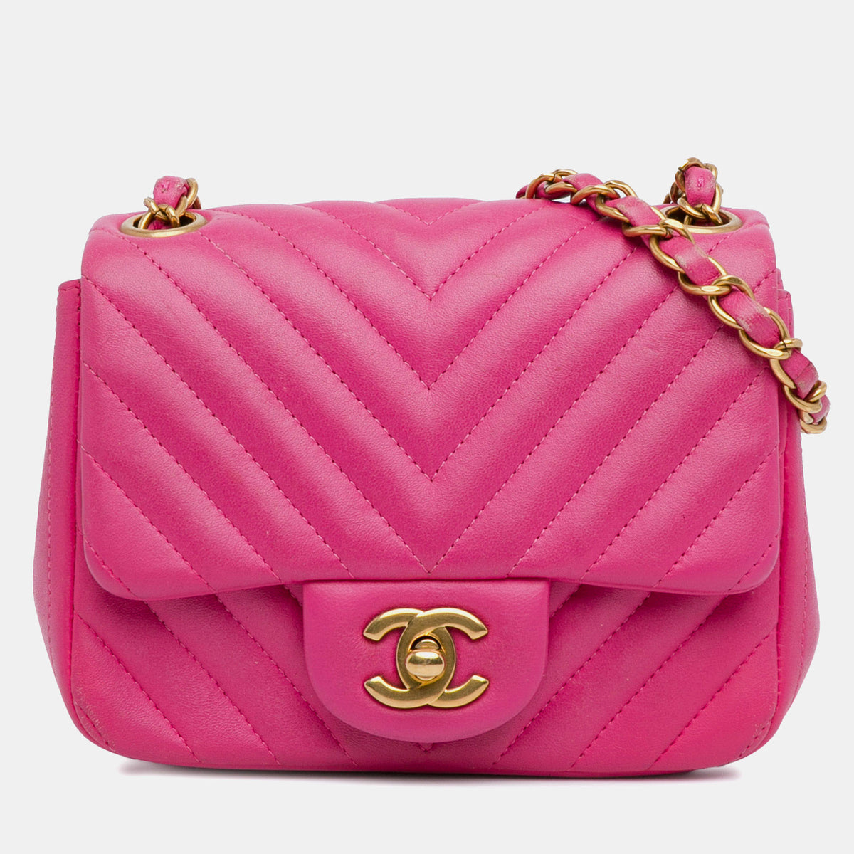 Chanel Pink Lambskin Chevron Leather Mini Square Classic Flap Bag