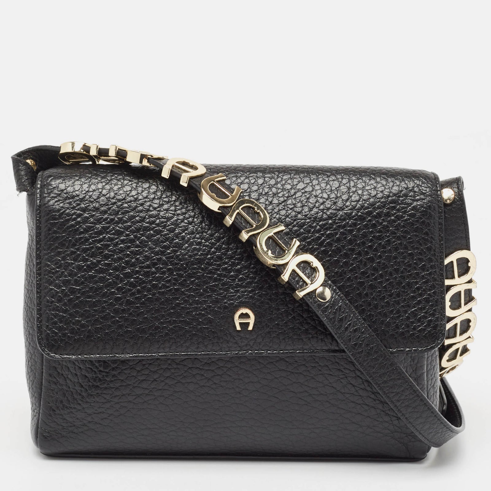 Aigner Black Pebbled Leather Flap Shoulder Bag