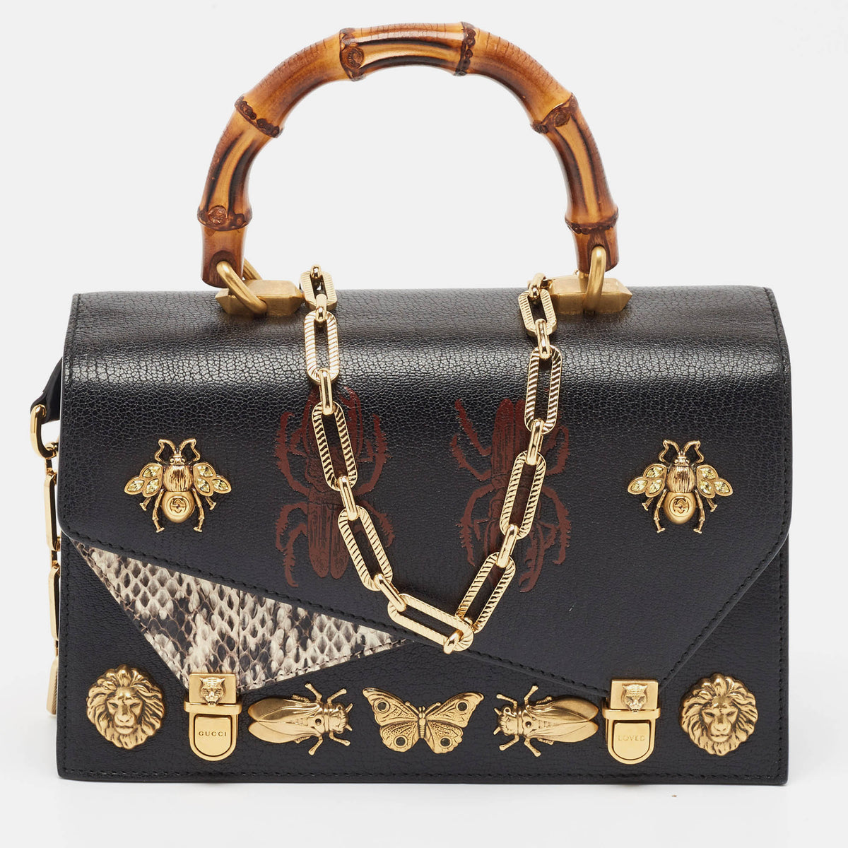 Gucci Black Python and Leather Studded Ottilia Bamboo Top Handle Bag