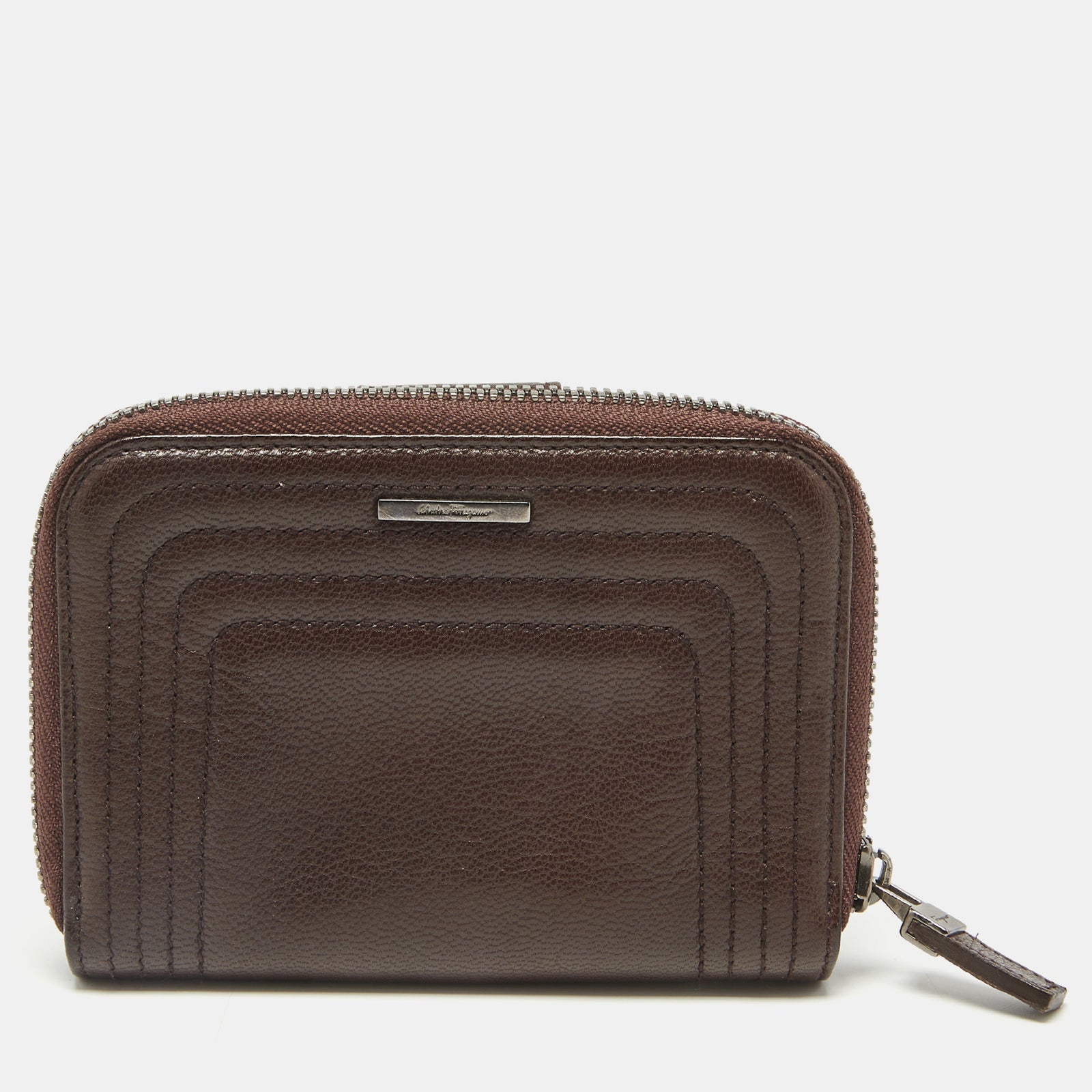 Salvatore Ferragamo Dark Brown Leather Zip Around Compact Wallet