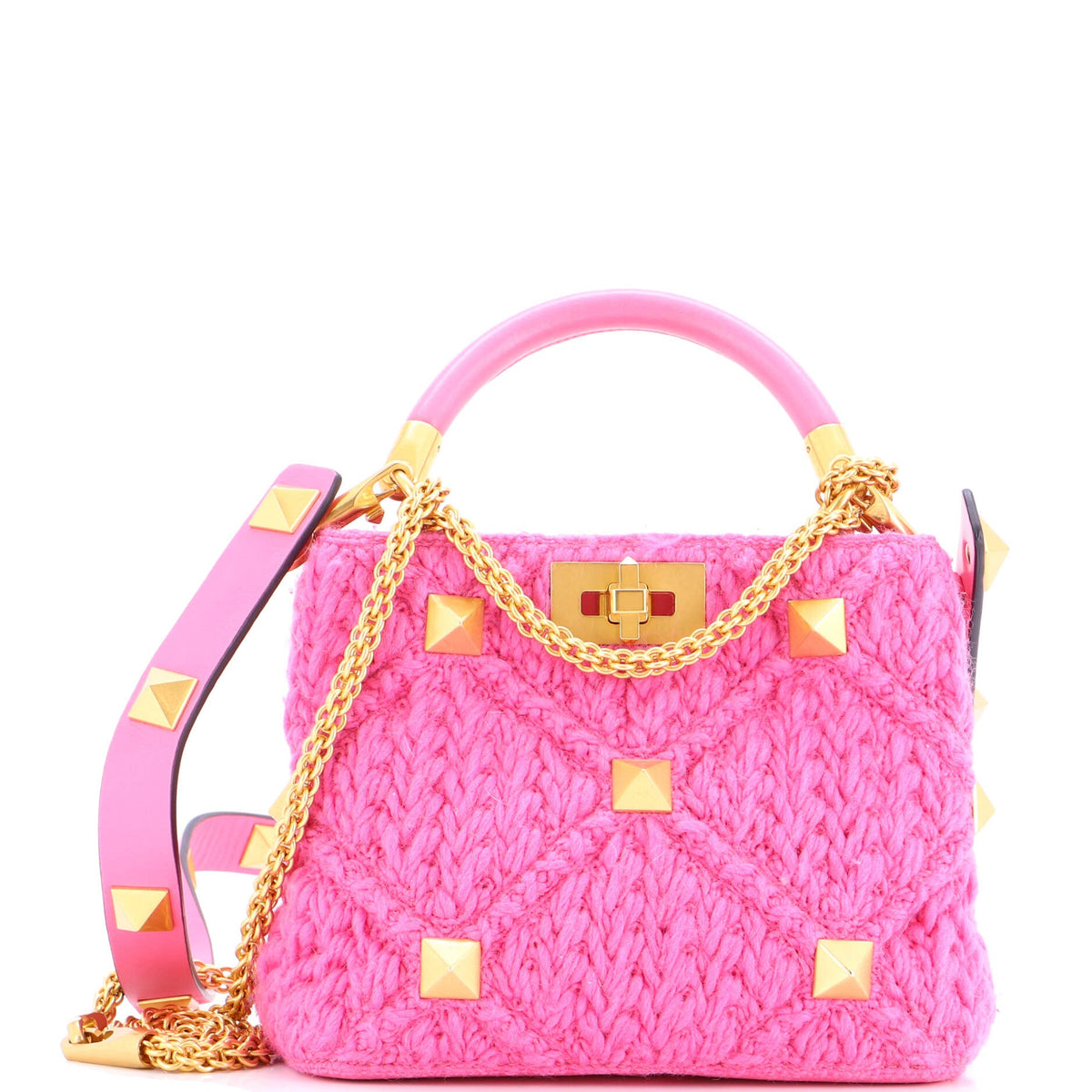 Valentino VALENTINO GARAVANI Roman Stud Top Handle Bag Woven Wool with Leather Small