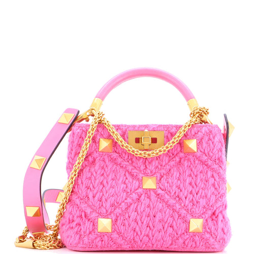 VALENTINO GARAVANI Roman Stud Top Handle Bag Woven Wool with Leather Small