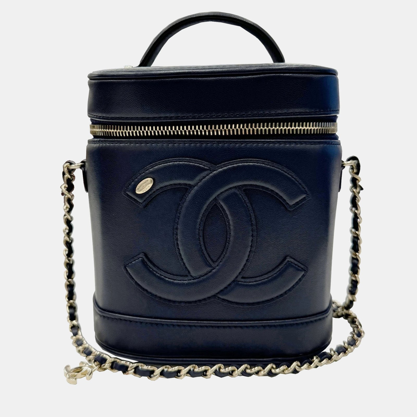 Chanel Navy Blue Lambskin CC Vanity Case with Chain