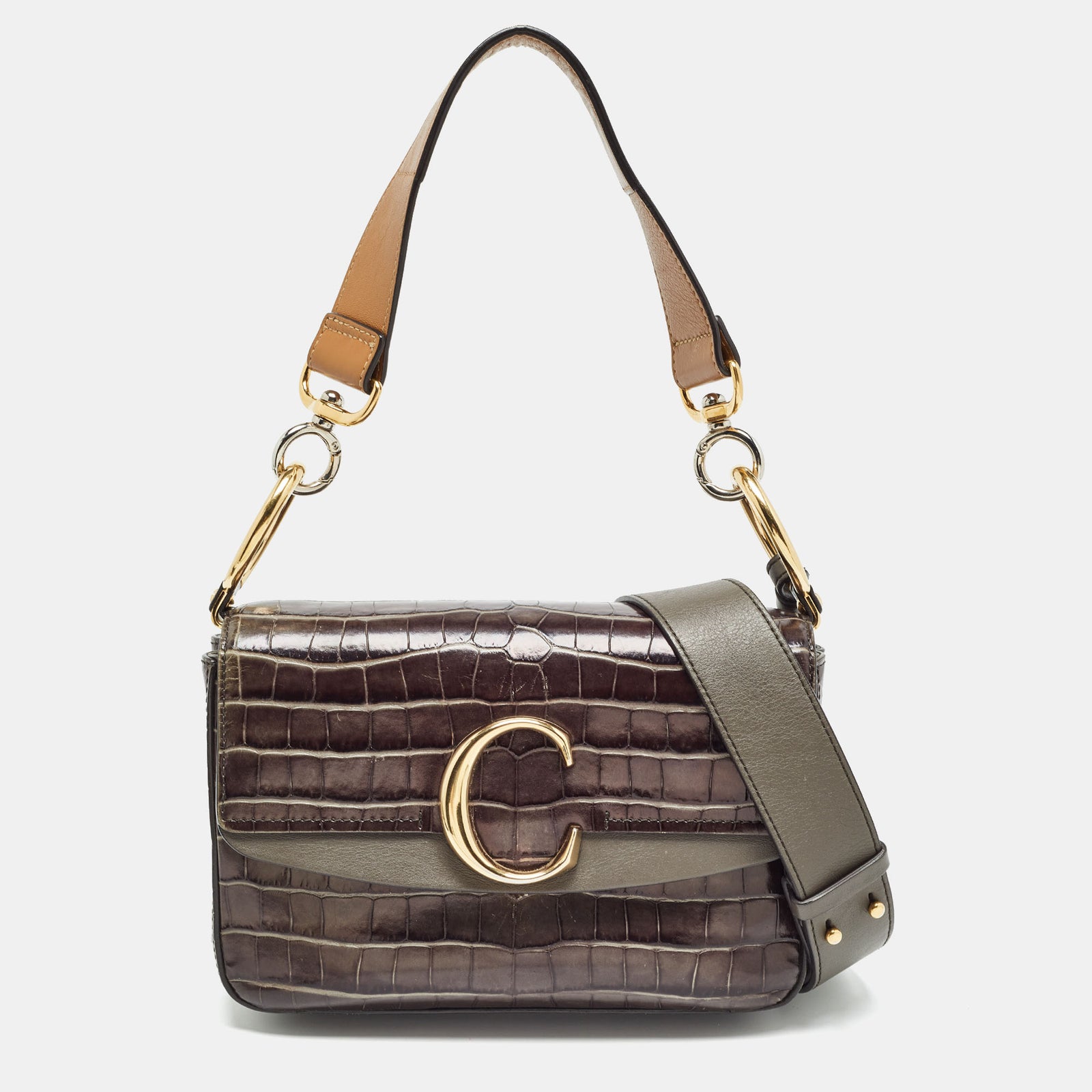 Chloe Dark Grey/Brown Croc Embossed Leather C Top Handle Bag