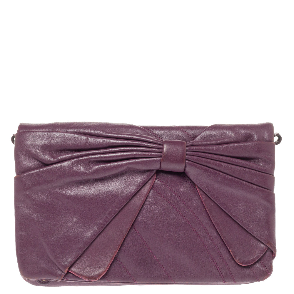 Nina Ricci Purple Leather Pleated Bow Flap Shoulder Bag