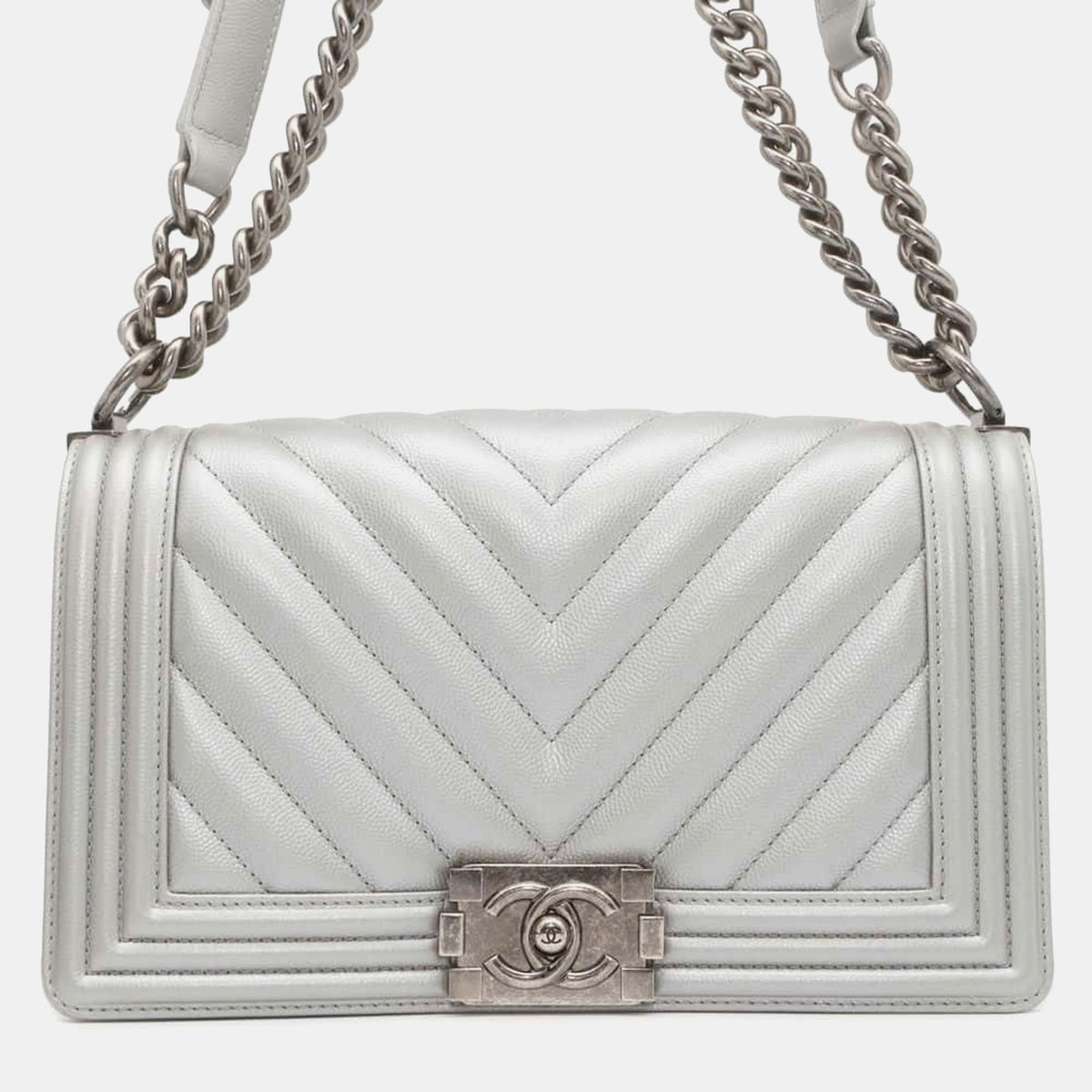 Chanel Metallic Silver Leather Chevron Medium Boy Shoulder Bag