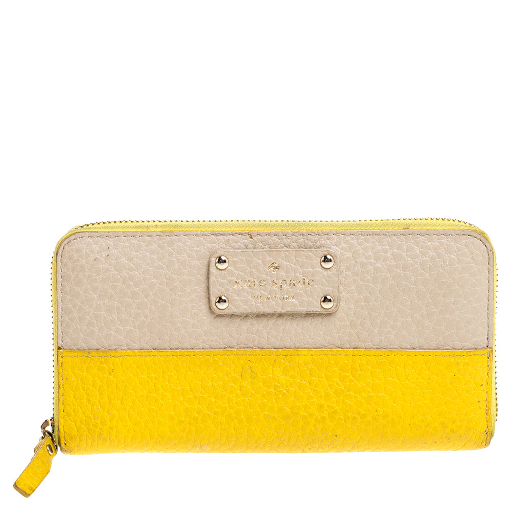 Kate Spade Yellow/Beige Leather Grove Court Lacey Zip Around Wallet