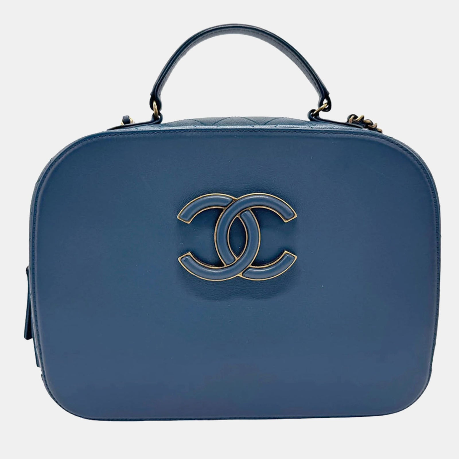 Chanel Trousse de toilette Coco Curve matelassée en cuir de veau bleu brillant et cuir de chèvre