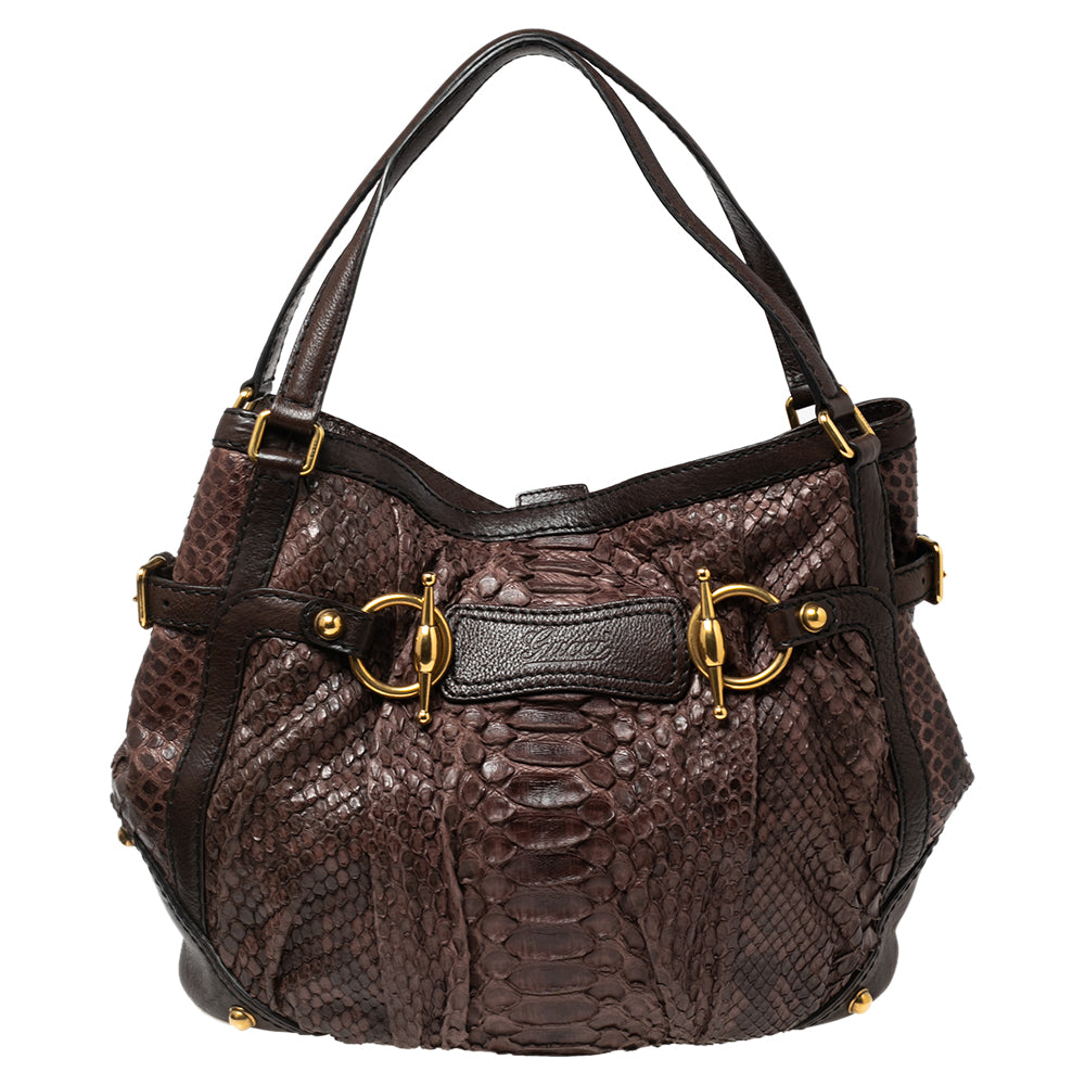 Brown Python Leather Horsebit Jockey Tote