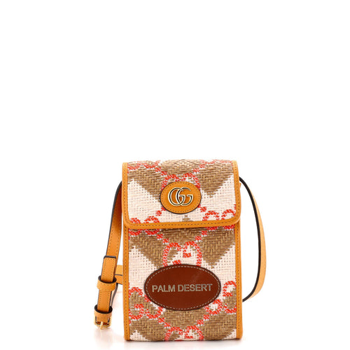 GUCCI Destination Phone Flap Crossbody Bag Straw Effect GG Raffia