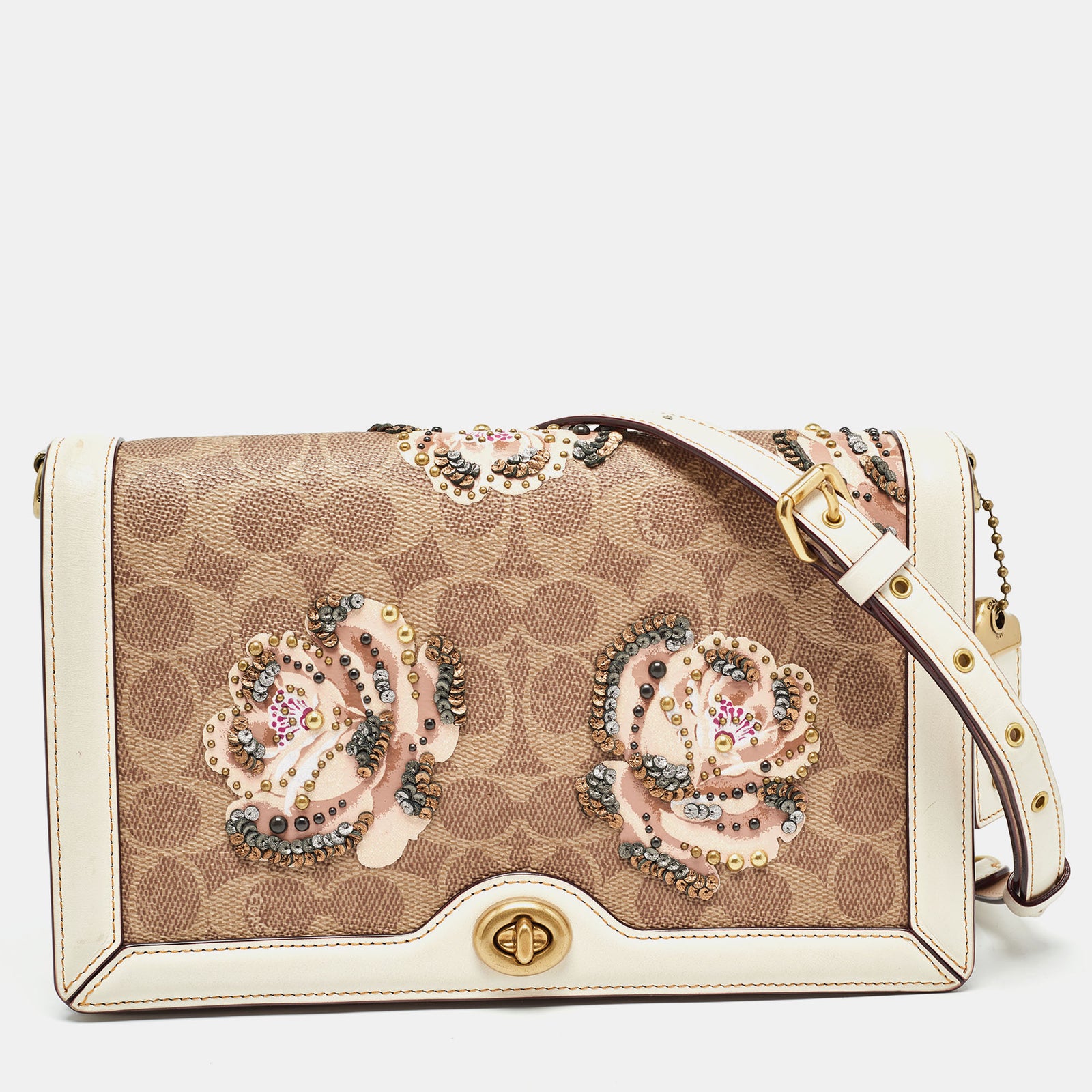 Coach Beoge/Old Rose Signature Coated Canvas and Leather Rose Embellished Riley Crossbody Bag