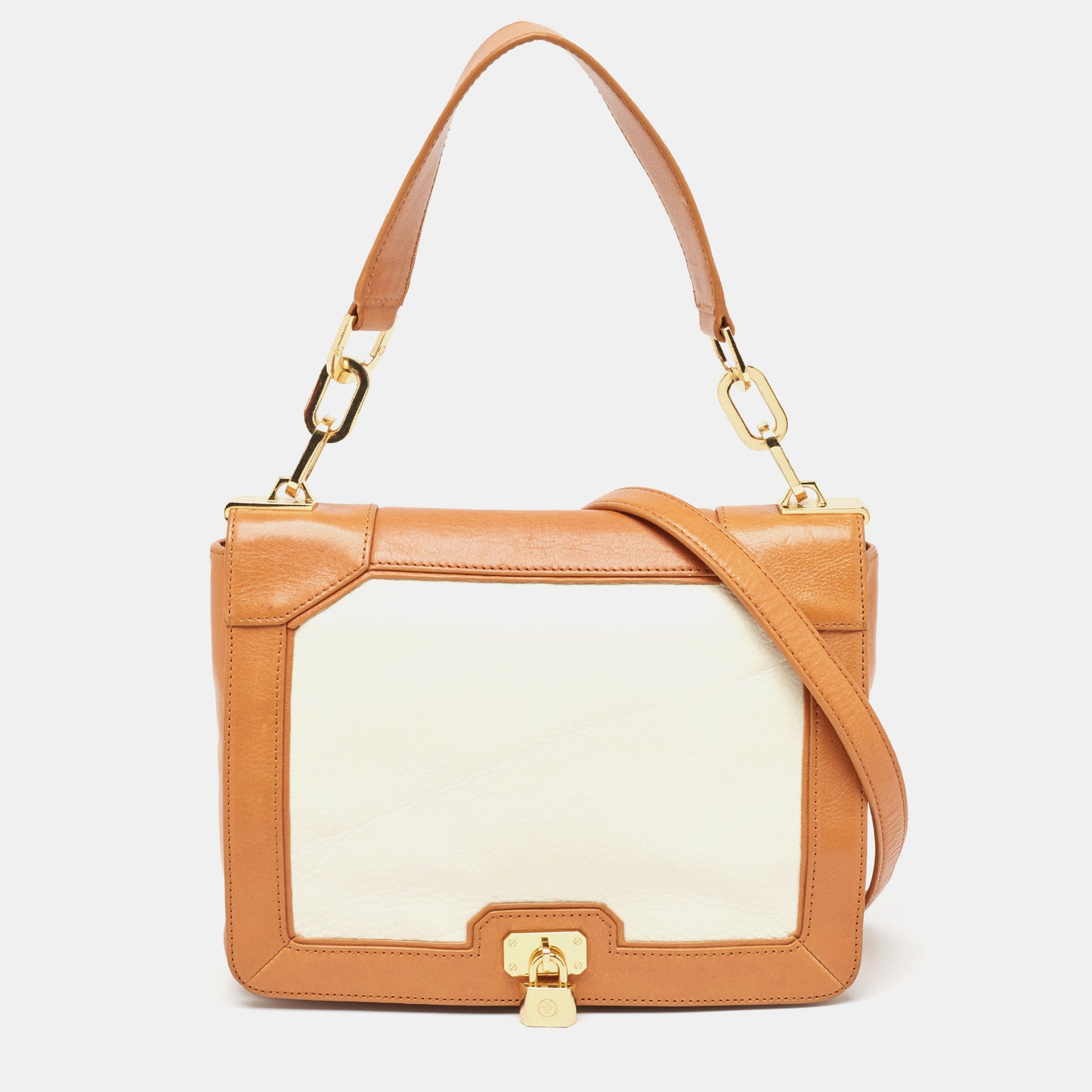 Tory Burch Tan/Off White Leather Lock Flap Shoulder Bag