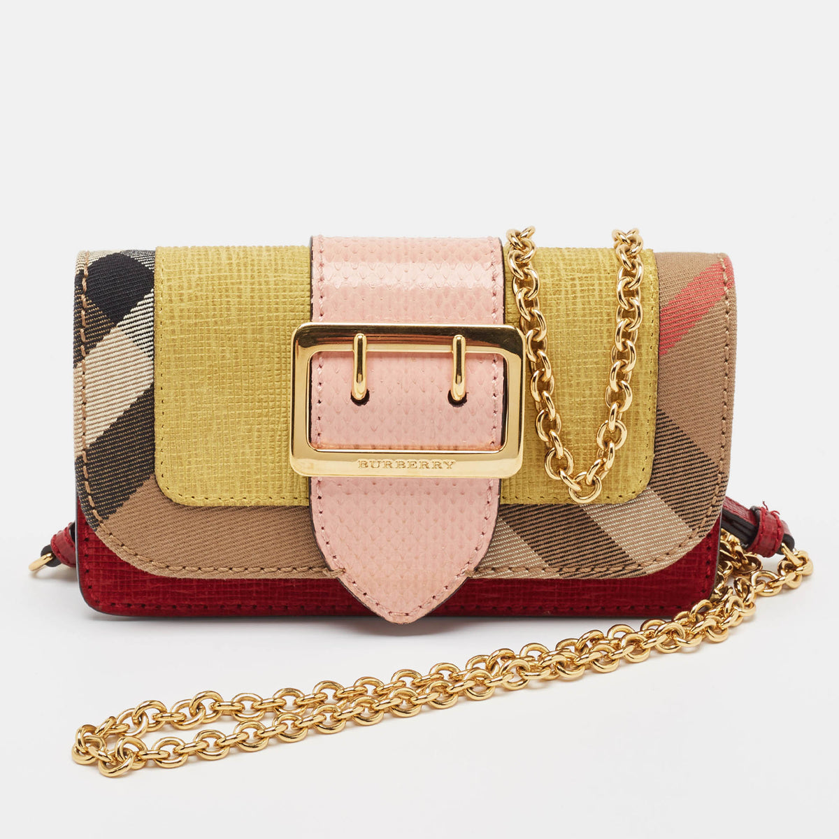 Burberry Multicolor House Check Canvas, Leather and Snakeskin Buckle Phone Crossbody Bag