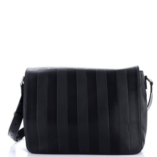 FENDI Flap Messenger Bag Pequin Embossed Leather Large