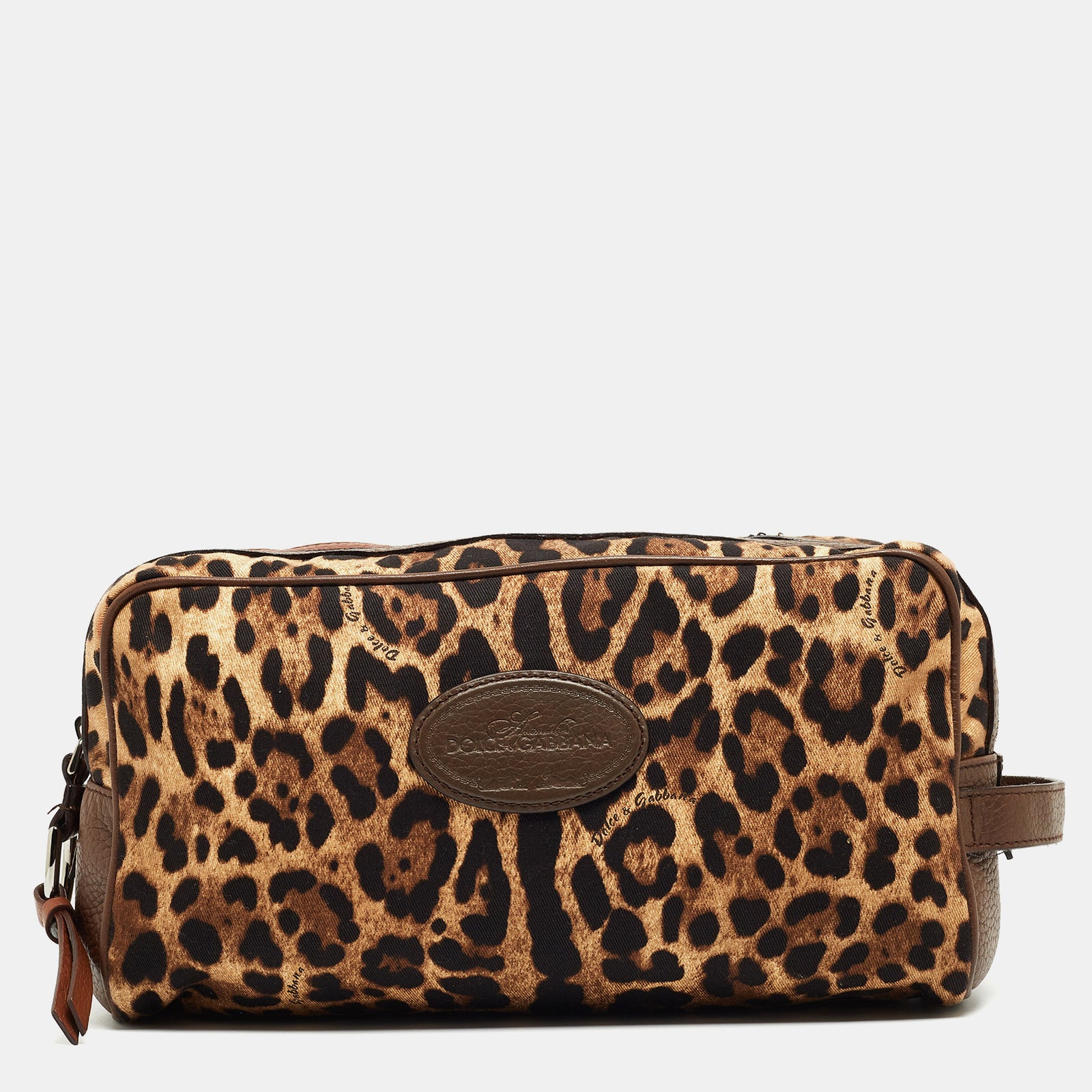 Dolce & Gabbana Brown Leopard Print Fabric and Leather Cosmetic Pouch