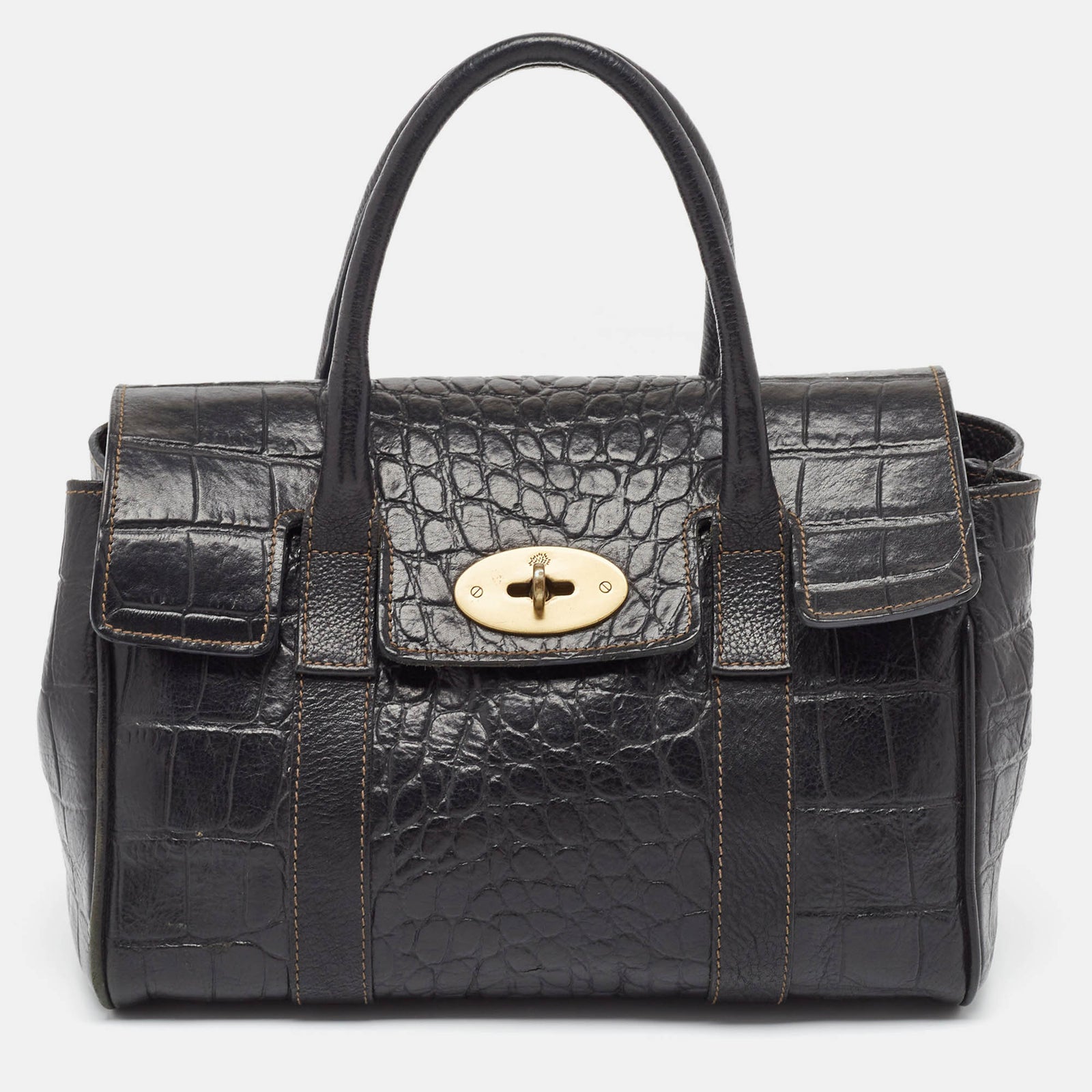 Mulberry Black Croc Embossed Leather Small Bayswater Satchel