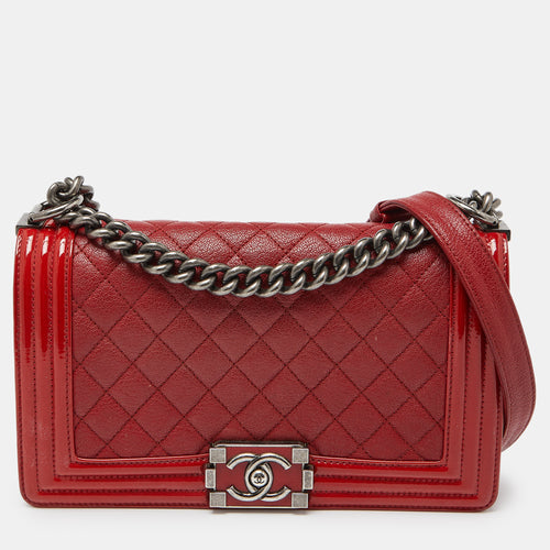 Red Quilted Leather and Patent Leather Medium Boy Flap Bag