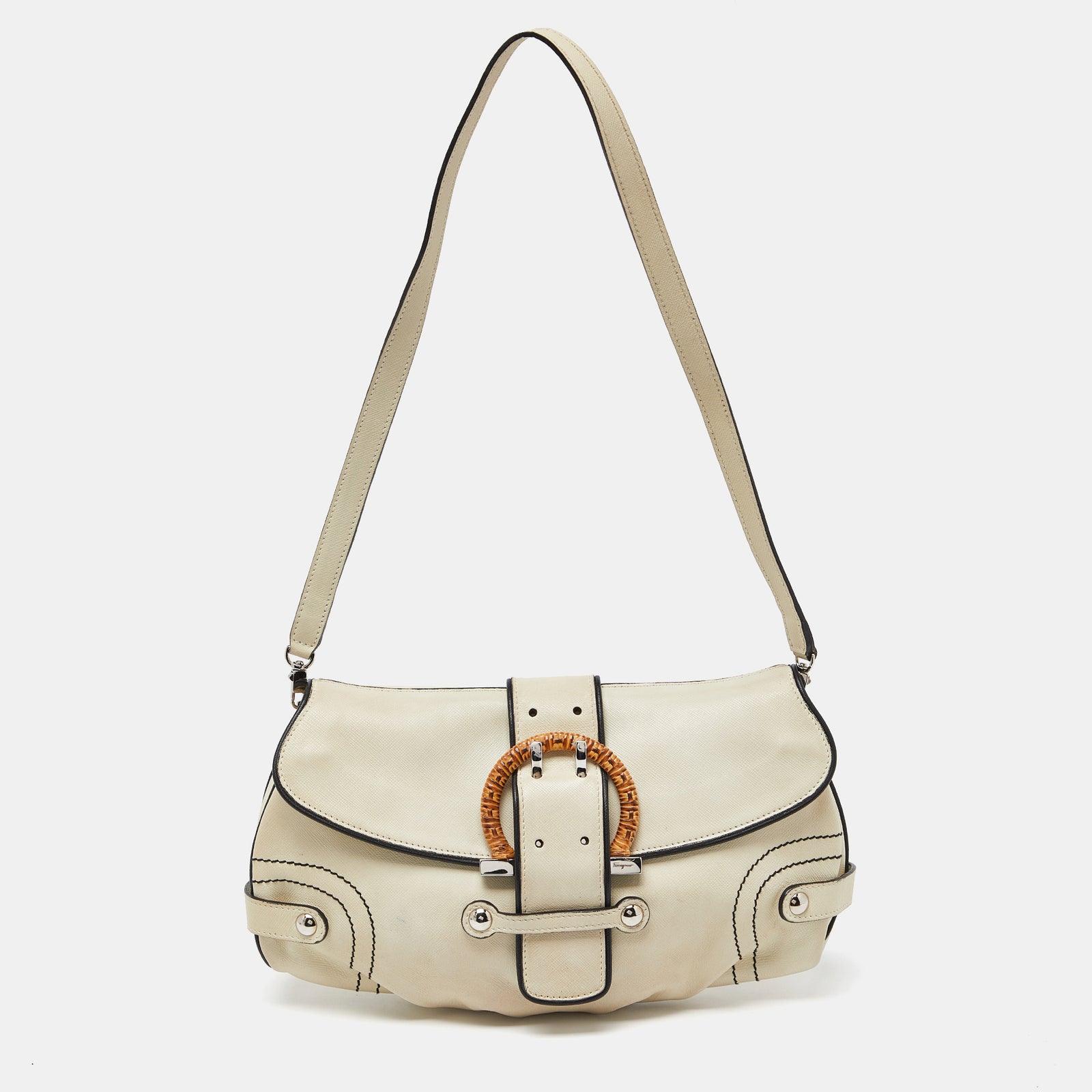 Salvatore Ferragamo Beige/Black Leather Flap Shoulder Bag