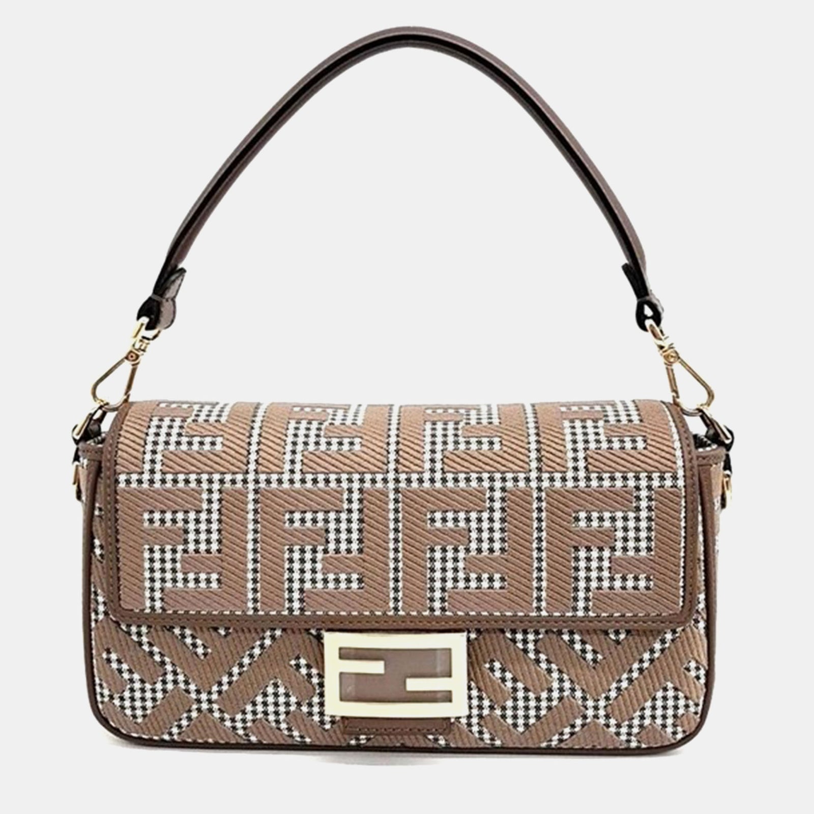 Fendi Brown Jacquard Baguette Shoulder Bag