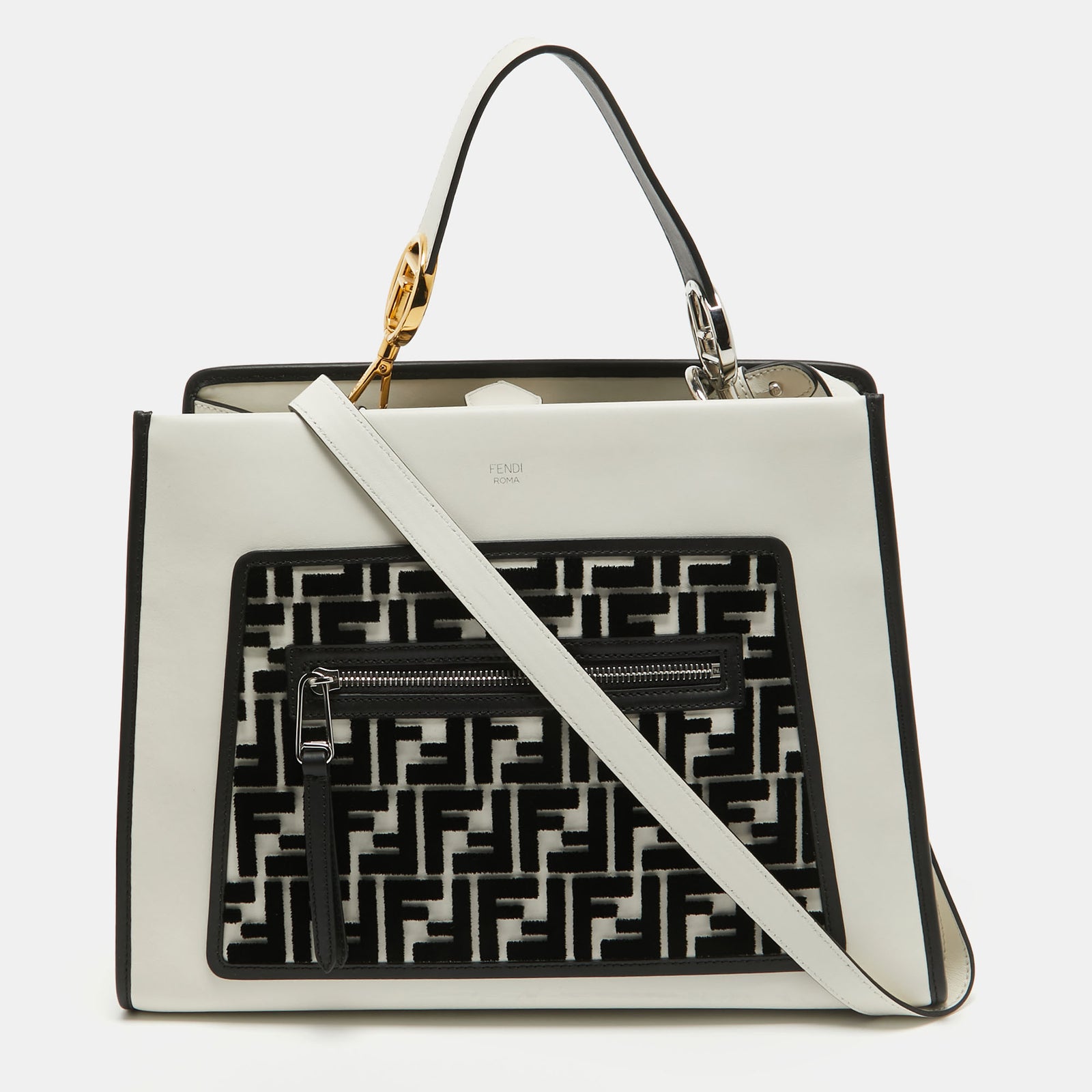 Fendi White/Black Leather and Velvet FF Runaway Top Handle Bag