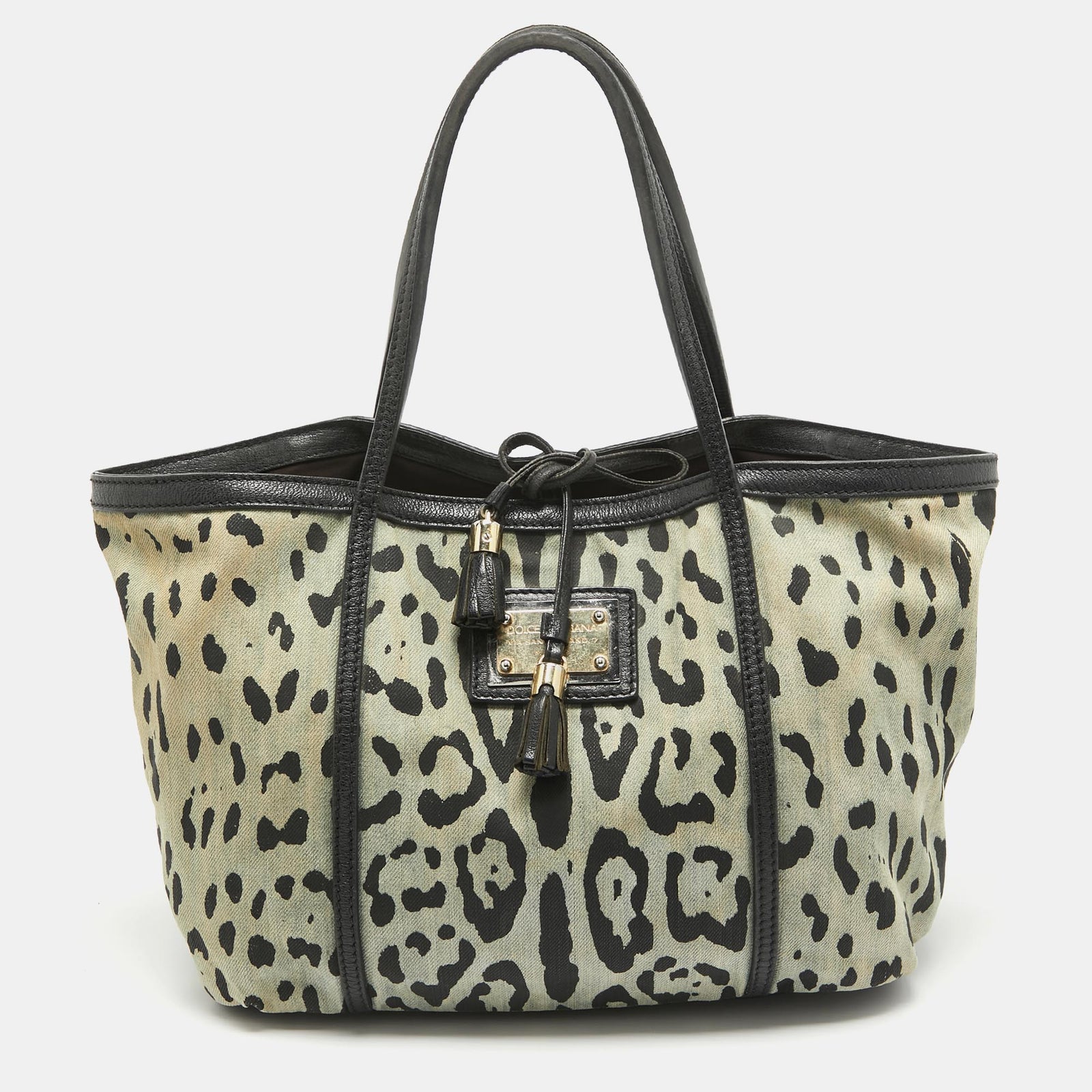 Dolce & Gabbana Black/Light Blue Leopard Print Canvas and Leather Miss Escape Tote