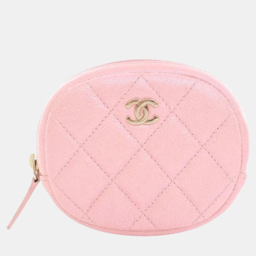 Rose Pink Iridescent Caviar Quilted Zip Around Classic Coin Purse