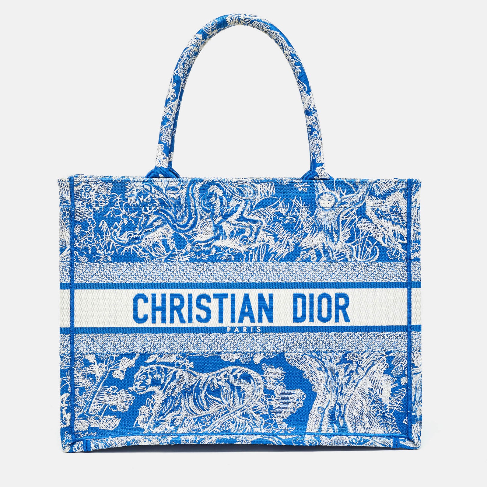 Dior Blau/weiß bestickte Canvas mittlere Toile de Jouy Büchertasche