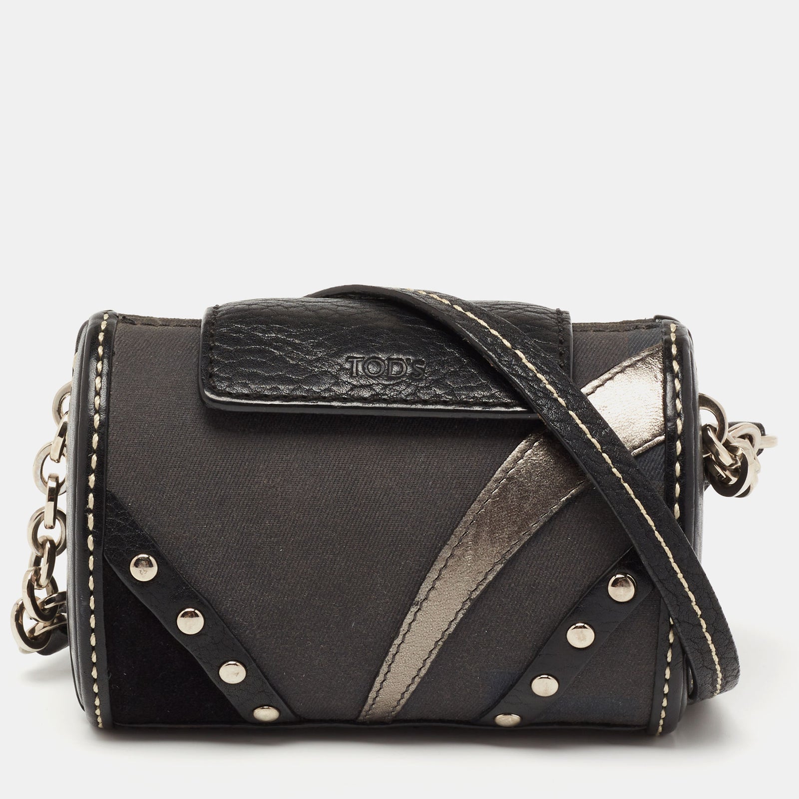 Tod's Black Leather and Canvas Studded Flap Shoulder Bag