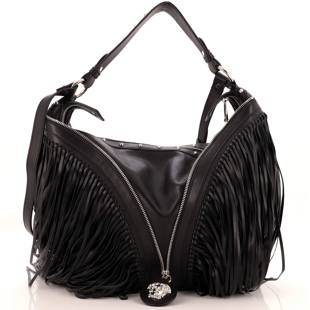 Versace VERSACE Repeat Hobo Fringed Leather Large