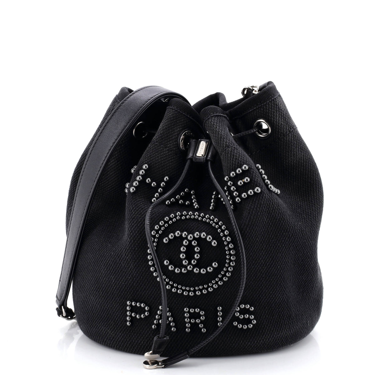 Chanel CHANEL Deauville Drawstring Bucket Bag Pearl Embellished Canvas Medium
