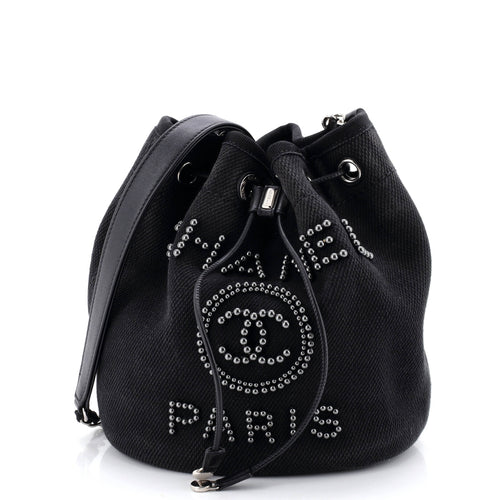 CHANEL Deauville Drawstring Bucket Bag Pearl Embellished Canvas Medium