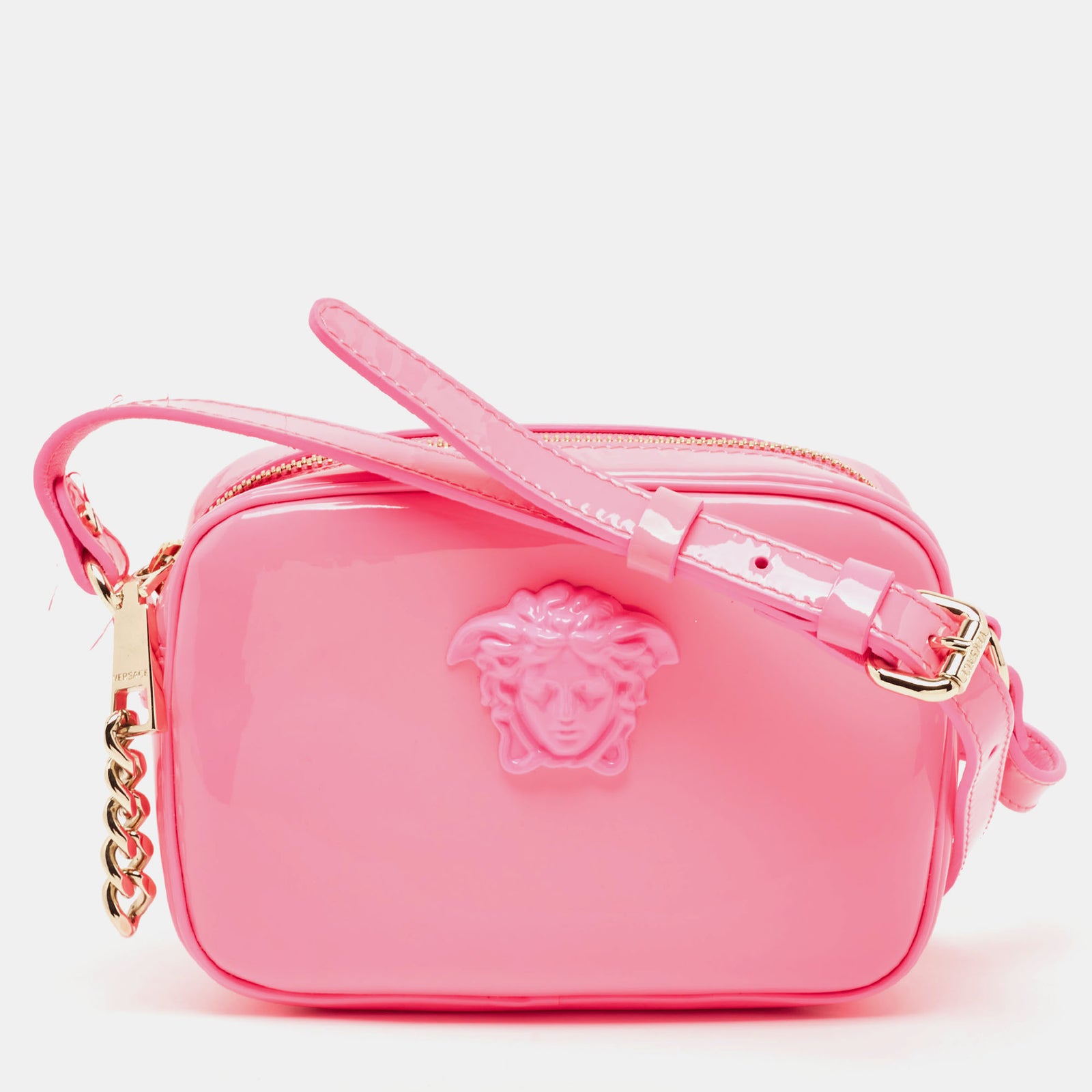 Versace Neon Pink Patent Leather Palazzo Camera Crossbody Bag