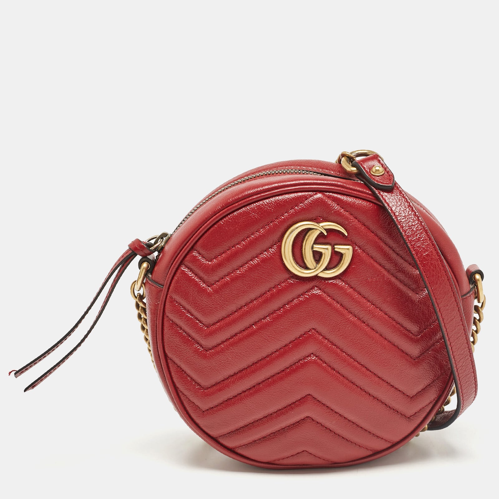 Gucci Runde Mini-Umhängetasche „GG Marmont“ aus Matelassé-Leder in Rot