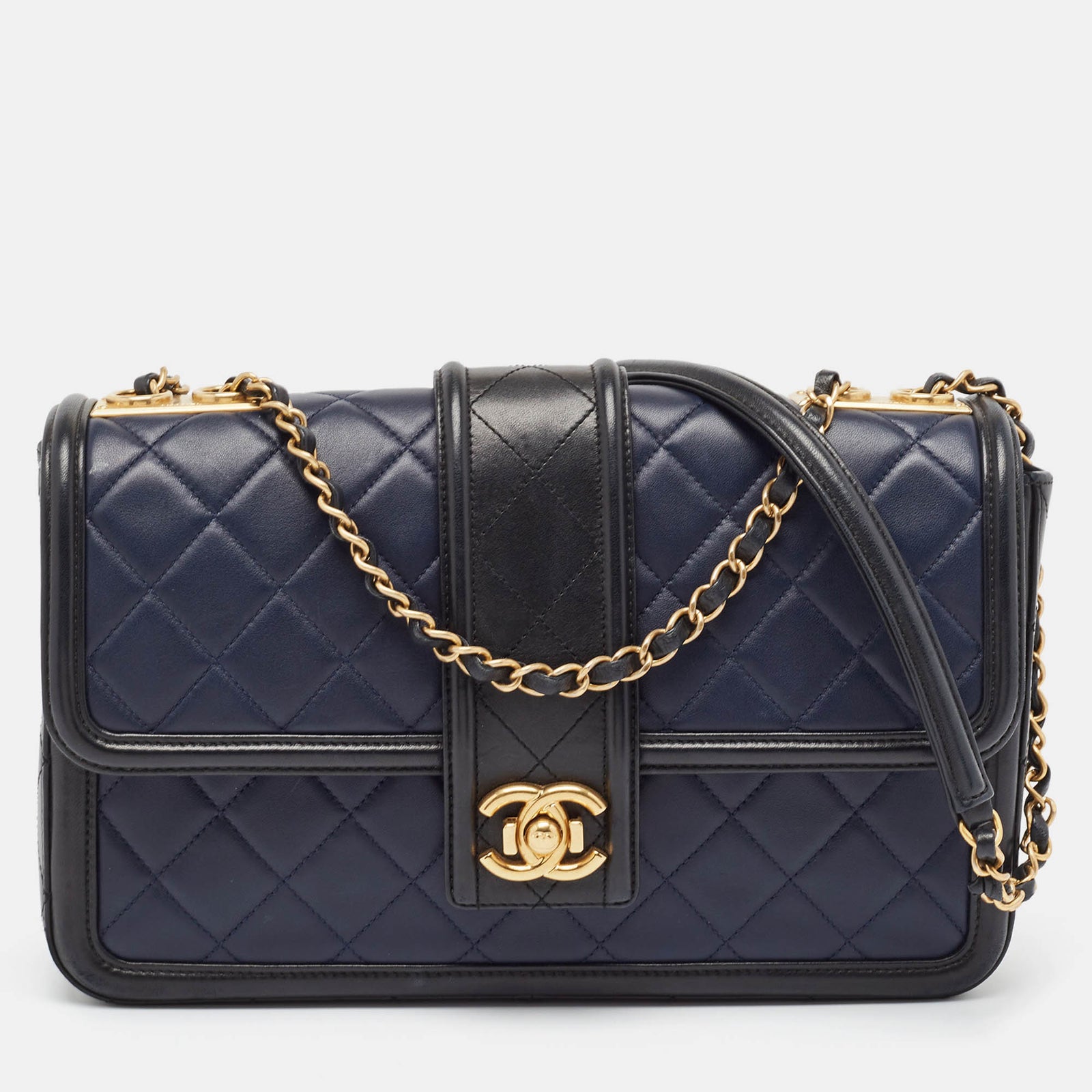 Chanel Elegante CC-Umhängetasche aus gestepptem Leder in Marineblau/Schwarz