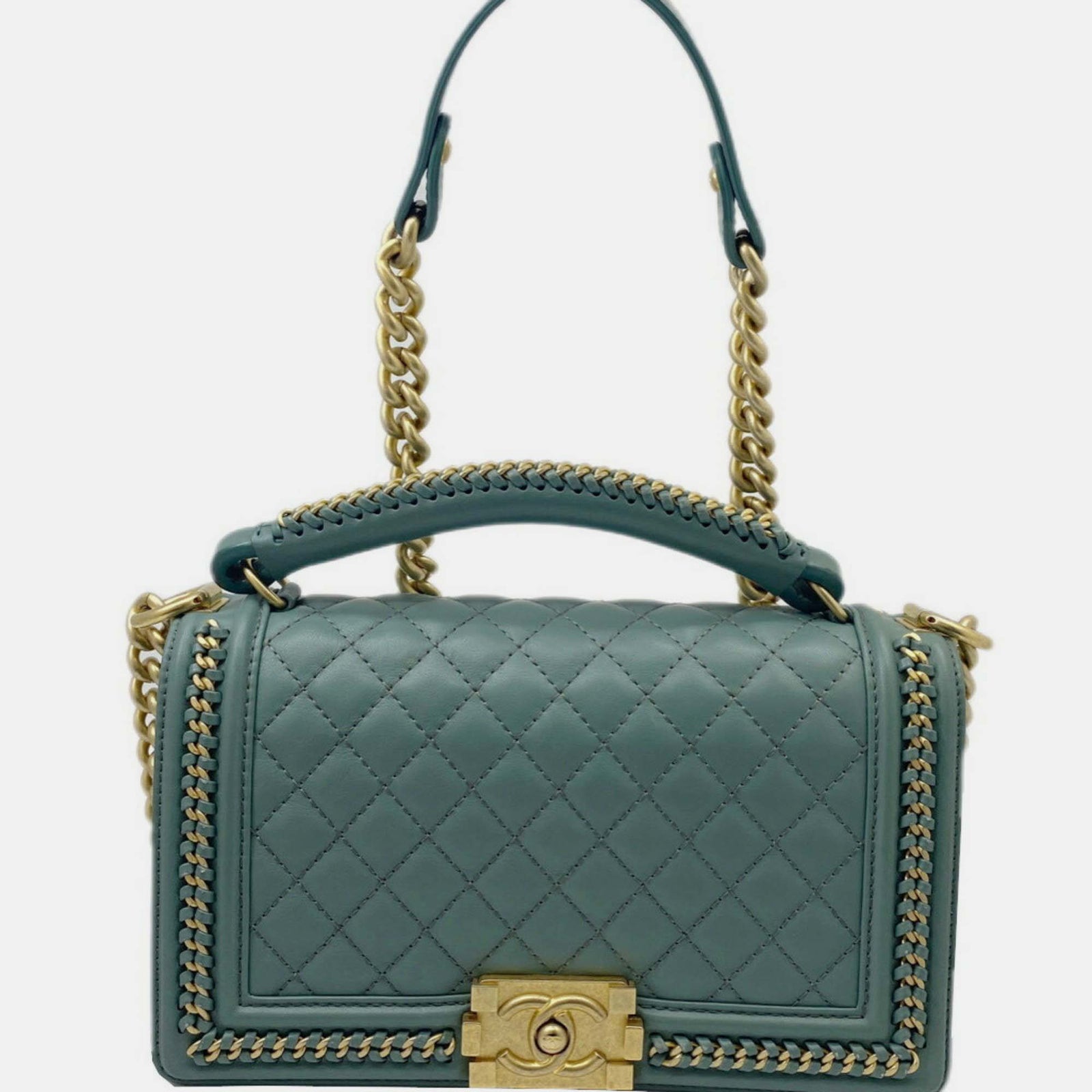 Chanel Grüne Schultertasche aus Leder mit Kette und Klappe