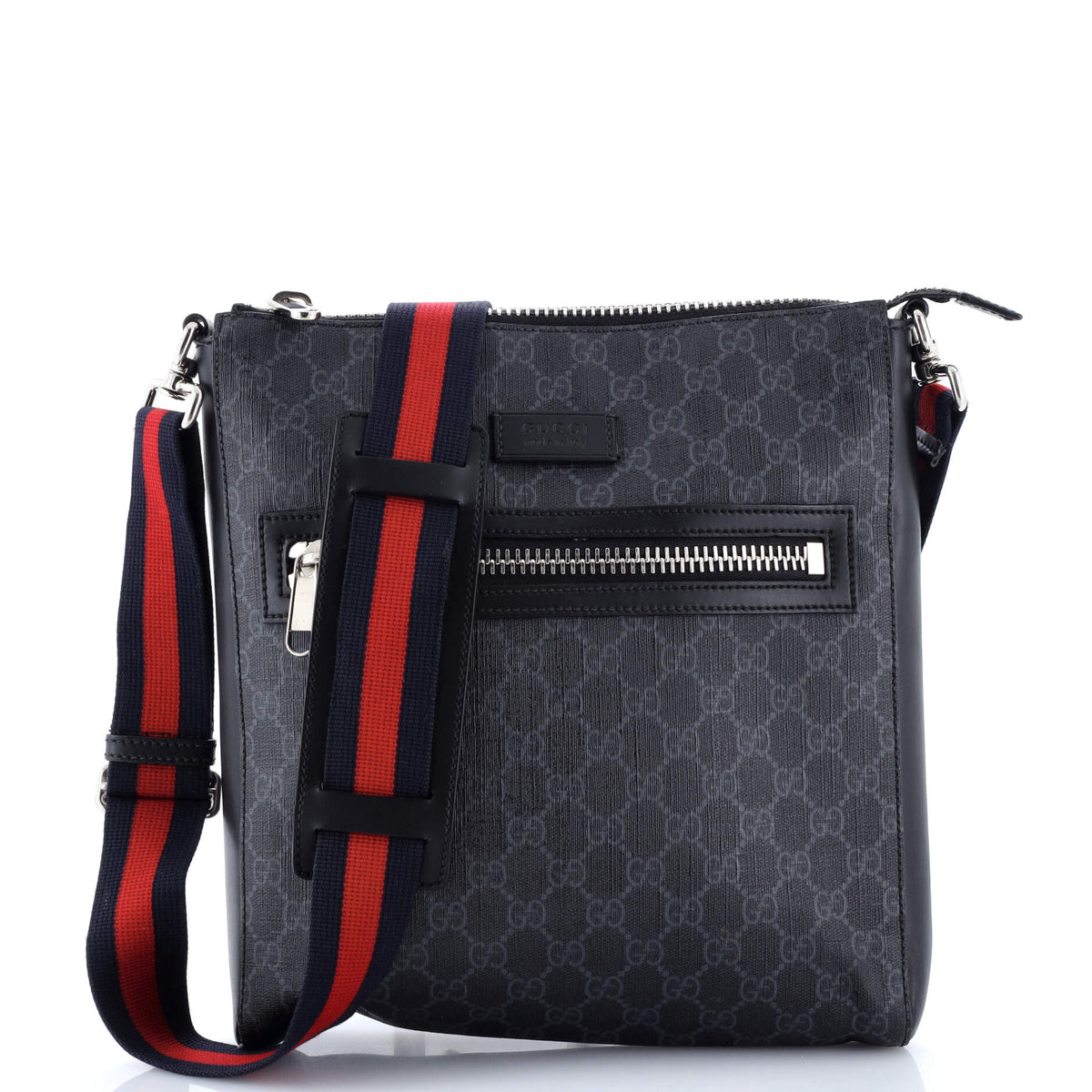 Gucci GUCCI Web Strap Front Zip Messenger Bag GG Coated Canvas Medium