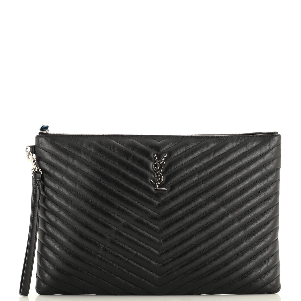 Saint Laurent Classic Monogram Wristlet Pouch Matelasse Chevron Leather Large