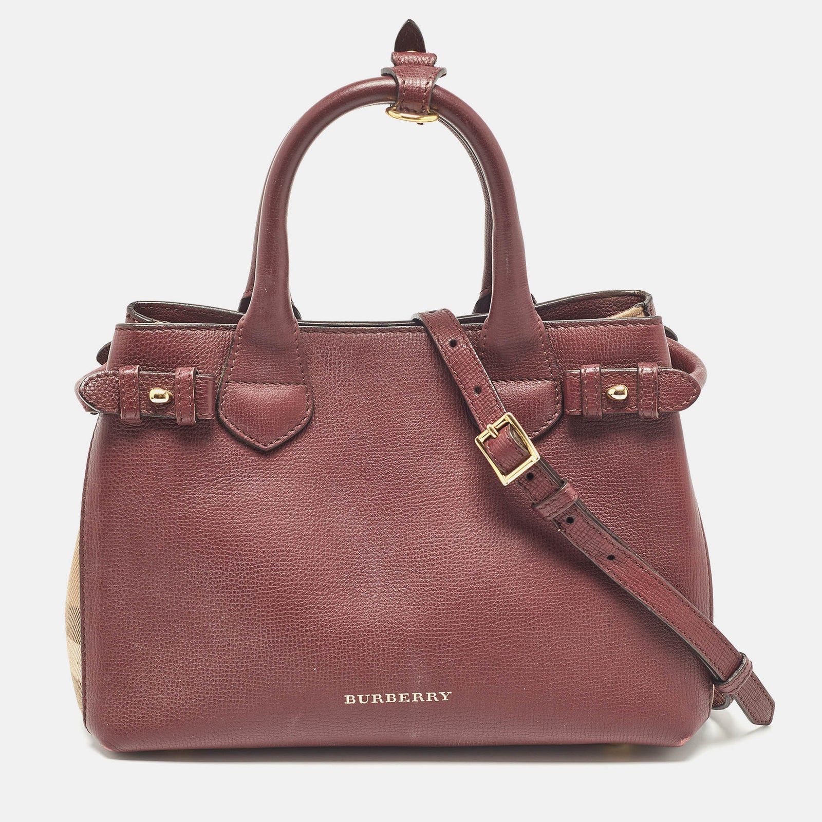 Burberry Burgundy/Beige Leather and House Check Fabric Small Banner Tote